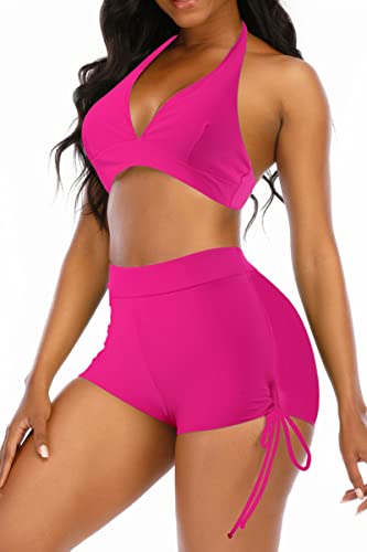 Womens High Waisted Swimsuits with Boy Shorts Brazilian Triangle Top Stripes Halter Bikini Two Piece Bathing Suits