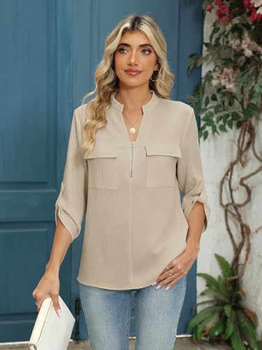 Funlingo 3/4 Length Sleeve Womens Tops Zip Front V Neck Flowy Blouses Loose Fit Work Shirts Tunic Top Spring Business Casual Outfits 2026 Khaki 3XL — view 4