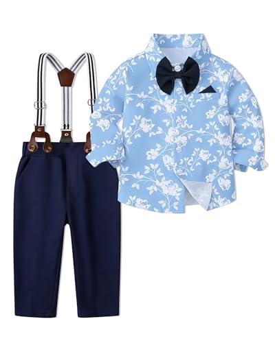 Image of SANGTREE Baby Suits for Boys Gentleman Wedding Outfits Long Sleeve Dress Shirt Suspender Pants Bowtie Boy Clothes Set, 1-6T