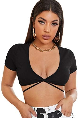 Deep V Neck Short Sleeve Tee Tops Tie 