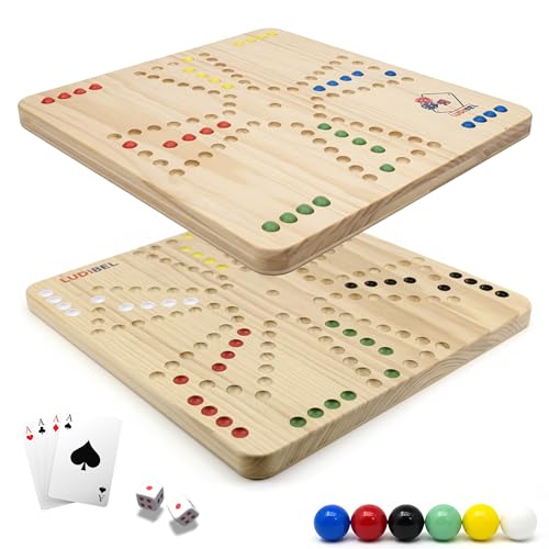 Ludibel – Tock & Ludo Spiel aus Holz XL 40x40 cm – Großes Brettspiel für 4 oder 6 Personen – Für Kinder, Erwachsene & Senioren – Inkl. Karten, Würfel & Glasmurmeln