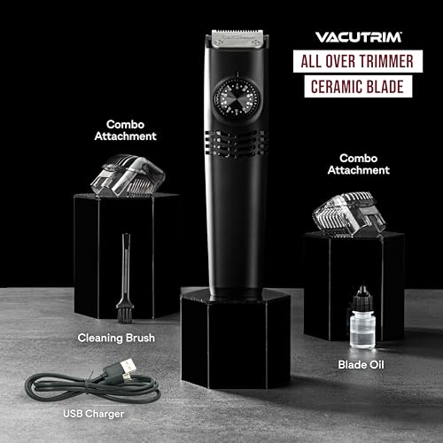 Bell+Howell Vacutrim Cordless Body Shaver for Men, Rechargeable Grooming Tool with 20 Trim Settings, Integrated Vacuum System - Black, 7.5", As Seen On TV