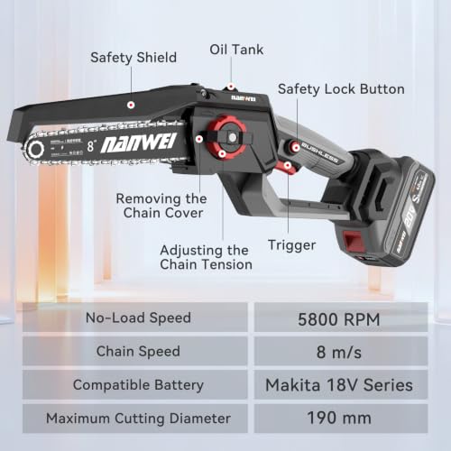 Image of NANWEI 8 Inch Cordless Chainsaw for Tree Trimming & Wood Cutting, Lightweight Handheld Mini Chain Saw with 2 x 4.0Ah Batteries, Brushless Motor for Long Runtime & Low Noise