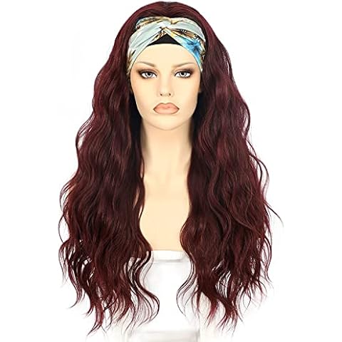 Ebingoo Headband Wigs for Women Long Wavy Wine Red Burgundy Synthetic None Lace Front Glueless Wig for Daily Wear 26 Inch ( with 1 Wig Cap+ 1 Headband) Cover
