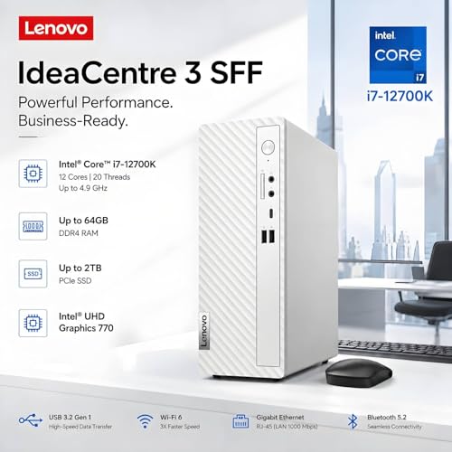 Image of Lenovo IdeaCentre Business Desktop, Intel i7-12700K(12 Core, 20 Threads), 16GB DDR5 RAM, 256GB PCIe SSD+1TB HDD, SD-Card Reader, Ultra-Quiet Design, Dual Monitor Support, USB-C, Ethernet, Windows 11