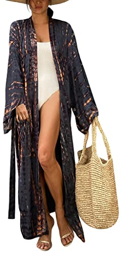 FEOYA Kimonos for Women Swimsuit Coverups with Belt Beach Cover Up Swimwear with Belt Long Sleeve Robe Bathing Suit Tie Dye Bohemian Bikini Cover Robe