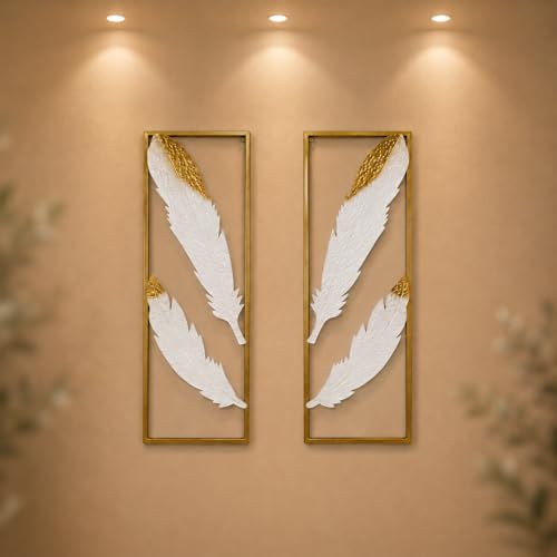 Image of iHandikart Metal Wall Art for Living Room, Set of 2 Feather Wall Decor Panels, Modern Luxury Iron Wall Sculpture, Gold White Wall Hanging for Home Decor, Bedroom, Hallway & Office, 36 * 12 inch Each