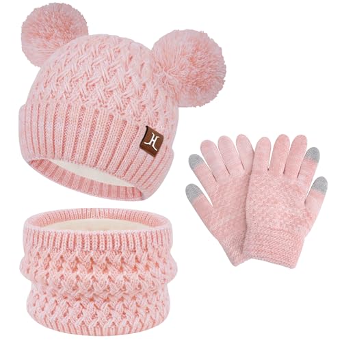 ZASFOU Set de Gorro, Bufanda y Guantes de Invierno para Niños con Pantalla Táctil, 2 3 4 5 6 7 Años, Gorro de Punto con Pompón, Calentadores de Cuello y Guantes, Regalos para Niñas y Niños, Rosa