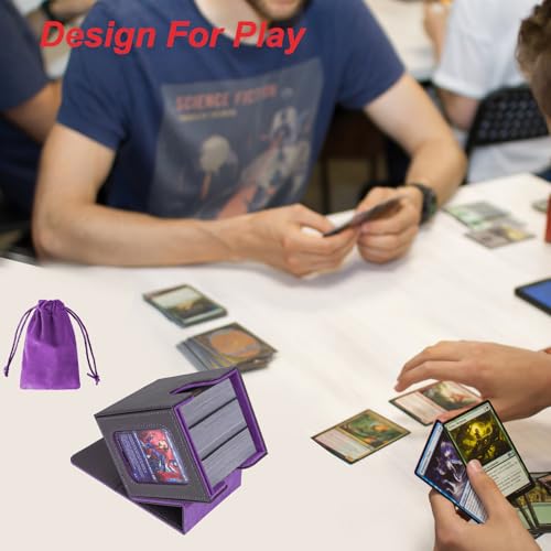 Image of AFIING MTG Deck Box for Commander Display,Card Deck Box Fits 100 Double Sleeved Cards, Magic Commander TCG Card Storage Box with 2 Dividers,Drawstring Bag and 1 Toploader(Black /Purple)