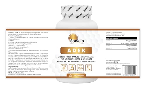 ADEK Vitamine Komplex – A, D3 2000 IE, E & K2 – 200 Tabletten – Für Immunsystem, Knochen, Herz & Sehkraft – Hochdosiert & Synergistische Formel – Made in EU – Sowelo