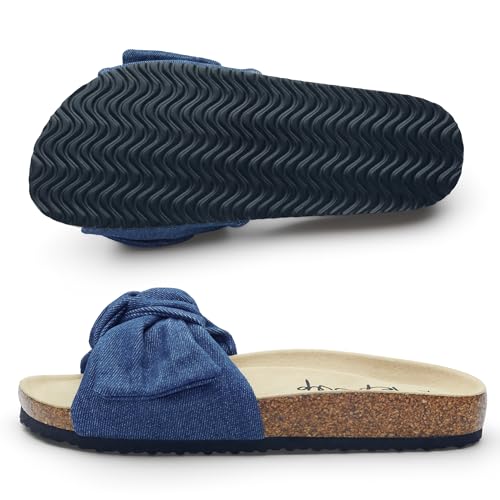 Image of PepStep Slide Sandals for Women or Ladies Dressy Summer Casual, Cute Bow Tie Knot On Top Strap, Comfy Slip On Cork Foot Bed