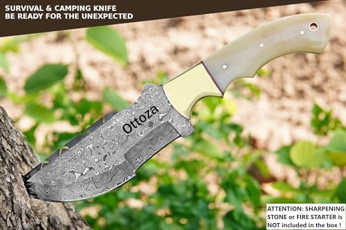 Ottoza Damascus Steel Survival Tracker Knife with Bone Handle and Horizontal Carry Leather Sheath – Damascus Hunting Knife for Outdoor Use 115