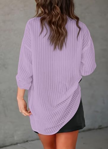 Diosun Womens Striped Sheer Button Down Shirts Long Sleeve Collared Drop Shoulder Stylish Casual Blouse Tops2