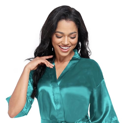 Image of Women's Short Satin Robes Lightweight Silky V-Neck Sleepwear Wedding Bridal Party Bride Bridesmaid Bathrobes