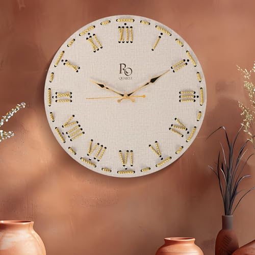 Image of Wooden Round Shape Roman Dial Wall Clock with Golden Hand & Golden Zari Rope Detailing | Silent Quartz Movement Anti Reflection Analog Vintage Clock for Office and Home (Ivory, 15.5 Inch)