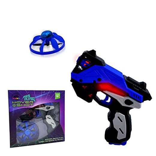 Mini Flyer - Hover Shot. Miniature Flying Saucer Operated By Infrared Shooter! Realistic Laser Tag Gun Sound Effect Shooting Game With Mini LED Flying Target Drone. Indoor RC Flying Toy Gift For Kids
