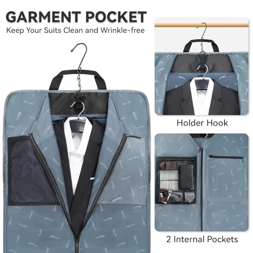 Garment Bags for Travel, Carry On Garment Bag for Business Trips with Shoulder Strap, Mancro Waterproof Foldable Luggage Hanging Suit Bags Gift for Men Women, 2 in 1 Suitcase for Coats, Suits (Black)3