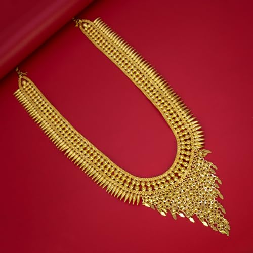 Image of Kollam Supreme Gold Plated Brass Broad Pichimottu /Jasmine Elakkathali Long Chain Necklace, Pack of 1