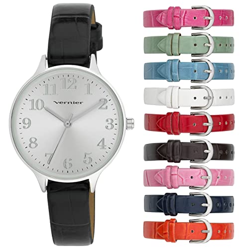 Vernier Women's Easy Read Round Watch with 10 Interchangeable Vegan Straps (VNR11205) (Silver)