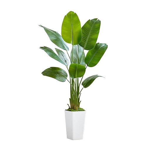 Lifelike Bird of Paradise Silk Artificial Plant Faux Banana Leaf Tree for Home Decor – Perfect Indoor Floor Plant with 9 Trunks (1, White Tall Planter, 5 FT)