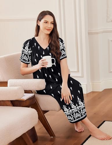 Ekouaer Long Nightgowns for Women Short Sleeve House Dress with Pockets Full Length Loungewear S-3XL3