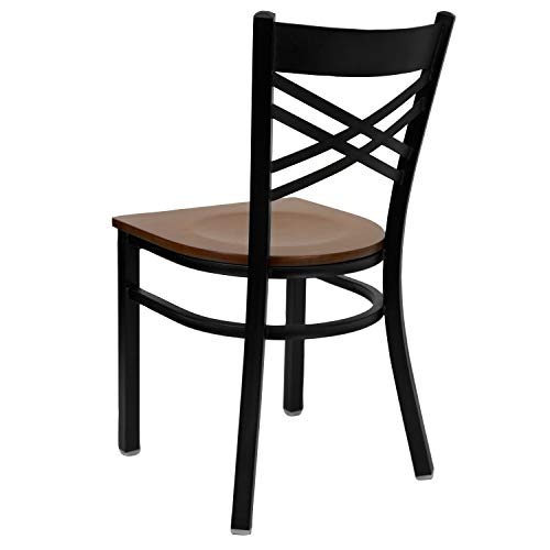 Image of Flash Furniture HERCULES Series Black ''X'' Back Metal Restaurant Chair - Cherry Wood Seat