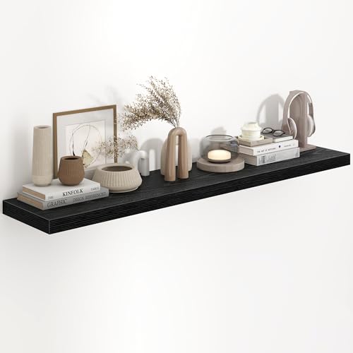 55 Inch Floating Shelves Black, Rustic Wood Floating Shelf Wall Mounted, 9.3 Inch Deep Floating Shelf for Kitchen, Bedroom, 55 x 9.3 Wall Shelves for Home Storage, Set of 1