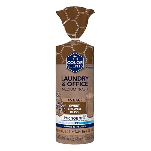 Color Scents Medium Trash Bags - 8 Gallon 45 Bags (1 Pack of 45 Bags) Twist Tie - Mocha Mousse in Sweet Brewed Bliss Scent with Microban