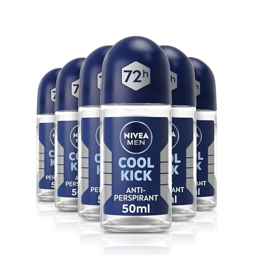 NIVEA Men Cool Kick Anti-Perspirant Deodorant Roll-On (6 x 50ml), Cooling Roll On Deodorant for Men, 72H Active Anti-Sweat and Odour Protection