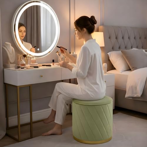 Image of ENIQE STORE Premium Velvet Ottoman Stool | Modern Round Pouffe with Gold Base | Multipurpose Seating | Living Room & Bedroom Decor (Pista Green Set of 2)