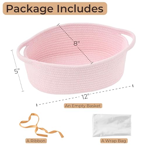 Image of Small Woven Gift Basket Empty with Bag & Ribbon, Storage Basket for Father's Day for Dad, Baby Shower, Raffle, Birthday, Cute Organizer with Handles, 12 inchx8 inchx5 inch, Pink