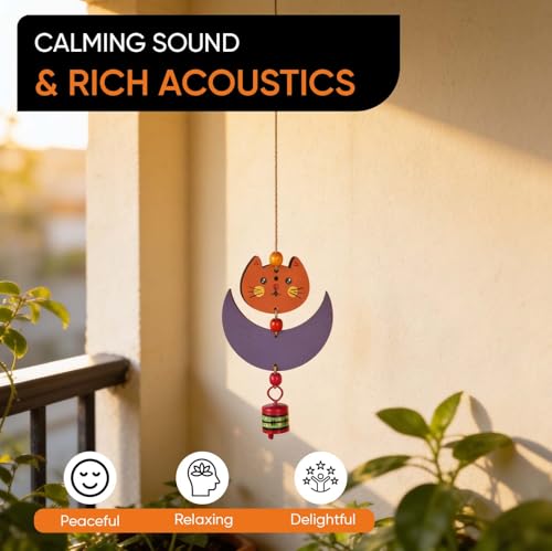 Image of Aakriti Art Creations Cute Kitty Wind Chime Multicolor | Handmade Wooden & Metal Windchimes for Home | Decorative Wind Chimes for Balcony, Garden, Living Room | Feng Shui Wind Chime Decor