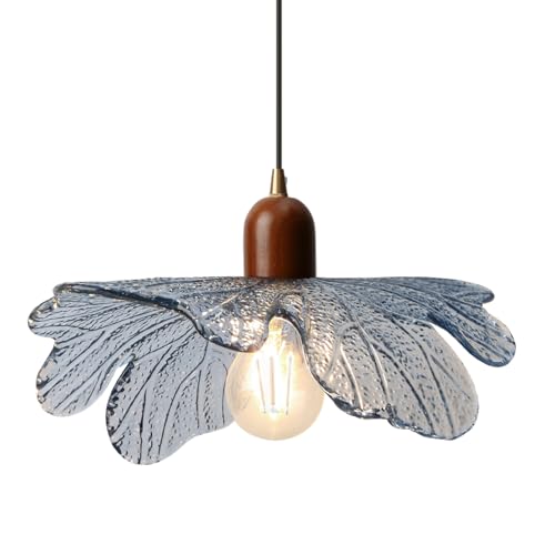 Qepeety Mid Century Blue Glass Hanging Light Solid Wood Pendant
