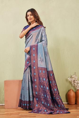 Image of Women's Banarasi Silk Saree with Rich Pallu, Jacquard Zari Weaving Work & Unstitched Blouse Piece, Traditional Ethnic for Wedding, Party & Festive Occasion