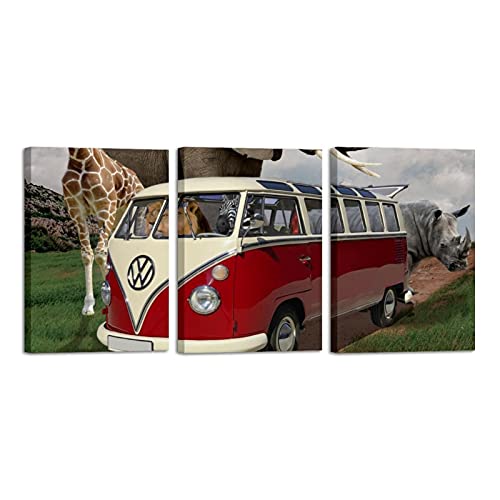 Toile Mur Art Girafe Éléphant 3 Pièces Encadrées pour Salon Décoration Maison