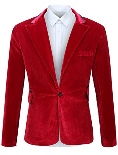 FEHAAN Mens One Button Slim Fit Velvet Suit Sport Coats Jacket Wine Red