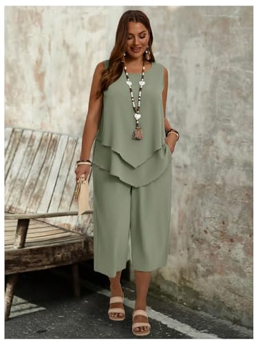 SHENHE Women's Plus Size 2 Piece Summer Outfits Crew Neck Tank Top Tunic Shirt and Capri Pants Set3