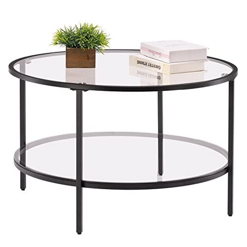 Image of VINGLI Glass Coffee Table,30 inch Round Coffee Table Black Coffee Tables for Living Room, 2-Tier Clear Glass Top Side Table with Storage. Simple & Modern Center Table Mesa de Centro para Sala