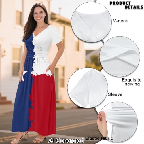 Image of Women's Fall Summer Short Sleeve Ankle Length V-Neck Party Dress with Pockets Size S-3XL