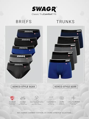 Image of SWAGR 5 Pack Men's Super Combed Cotton Underwear Trunks | Classic TruComfort Fit | Powered by ZincShield Anti-Bacterial Tech | Aerflo Breathability | 4-Way FlexStretch | SOXCO Style SG05