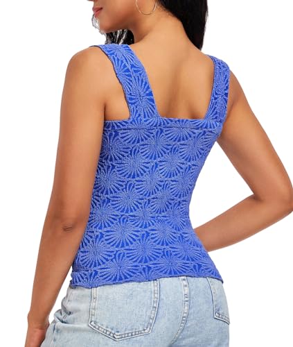 Women's Square Neck Wide Strap Crop Tank Tops Flower Going Out Tops Slim Fit Lettuce Trim Crop Cami Tops