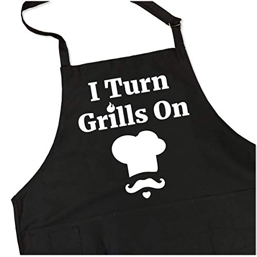 BBQ Grill Apron - I Turn Grills On - Funny Apron For Dad - 1 Size Fits All Chef Apron PolyCotton 4 Utility Pockets Adjustable Neck