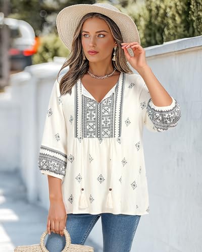 Image of Vivilli Womens Summer Boho Babydoll Tops 3 /4 Sleeve Pleated Peplum Blouses Casual V Neck Tie Front 2026 Tunic Tops