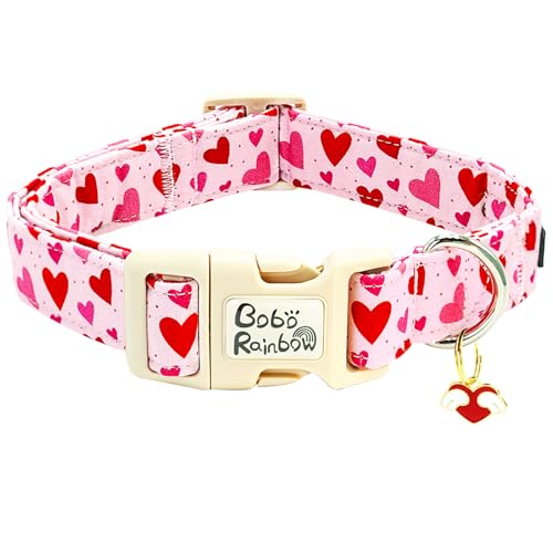 Image of Valentine's Cute Pink Heart Print Dog Collar for Medium Dogs | Valentine Pet Outfit,Wedding,Anniversary,Daily Walks,Adjustable,Cotton Fabric,Quick Release Plastic Buckle,Pendant,Female Dog