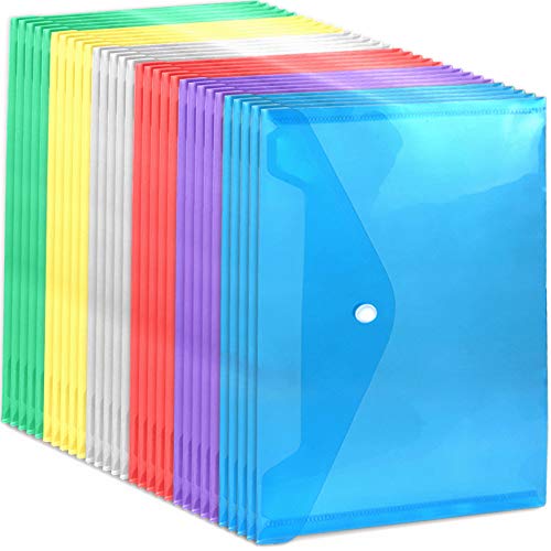 Fandamei - 30 cartelline in plastica colorata formato A5, 6 colori trasparenti, portadocumenti con bottoni a pressione, per documenti in carta, per la scuola, l’ufficio, i viaggi