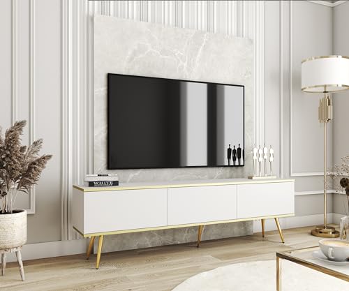 3E 3xE living.com TV- Schrank in Weißer Farbe mit goldenen Beinen, D: L: 175 cm, H: 53 cm, T: 32 cm