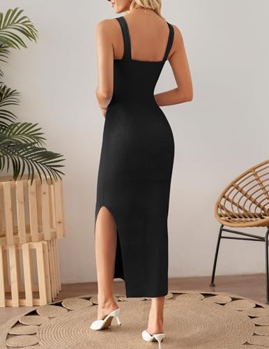 ZESICA Womens 2025 Summer Casual Square Neck Bodycon Midi Dresses Spring Sleeveless Side Slit Knit Beach Vacation Long Dress4