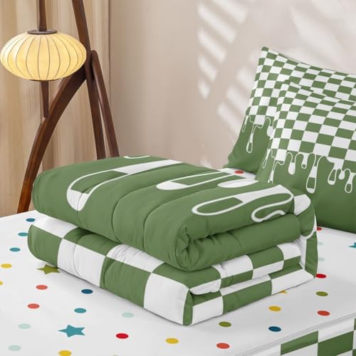 Image of Sage Green Checkered 3Pcs Zip Up Bedding Full Size,Checkerboard Drip Comforter Set with Fitted Sheet And 2 Pillowcases,Grunge Aesthetic Geometric Bed-in-a-Bag Set Zippered Bedspread,Machine Washable