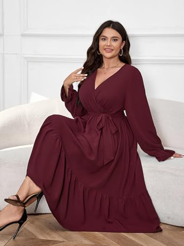SCOMCHIC Womens Plus Size Wedding Guest Dresses Long Sleeve Faux Wrap V Neck Belted A-Line Flowy Maxi Cocktail Dress4