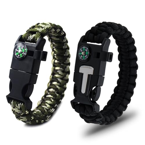 Ryaupy 2PCS Pulsera de Supervivencia Paracord - Pulsera de Supervivencia Ajustable - con Flint, Rascador, Brújula, Silbato y Cuerda de Paracaídas Hebilla para Camping, Senderismo(Negro y Camuflaje)